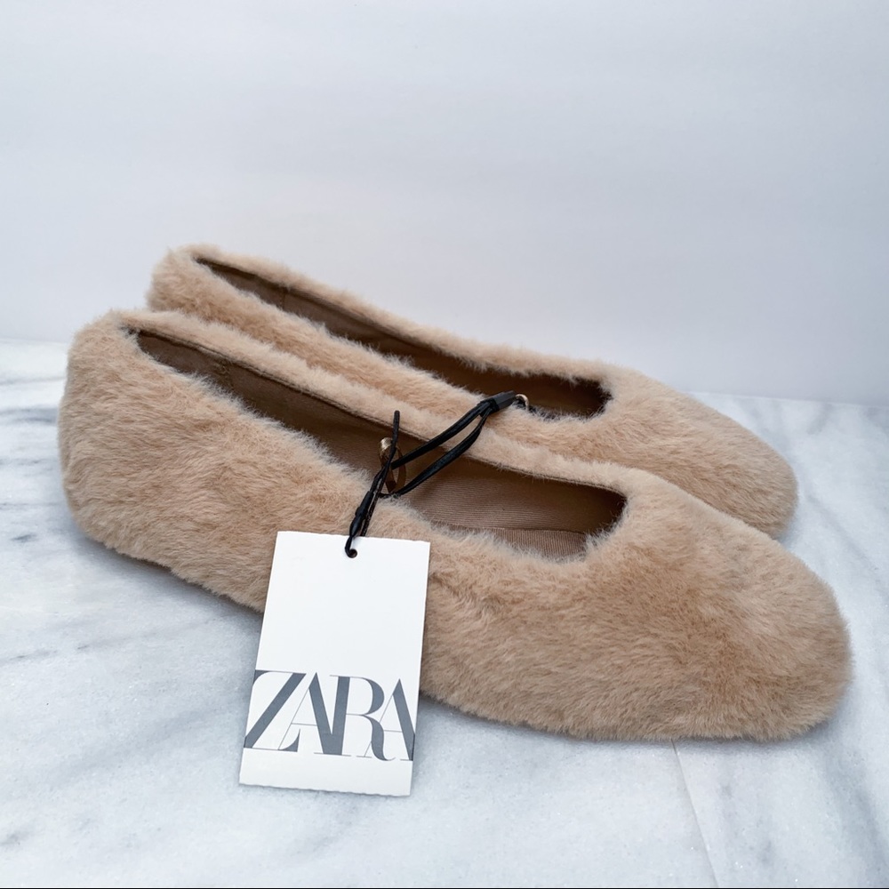 Zara Square Toe Fur Ballet Flat Size 6 New With Tags
